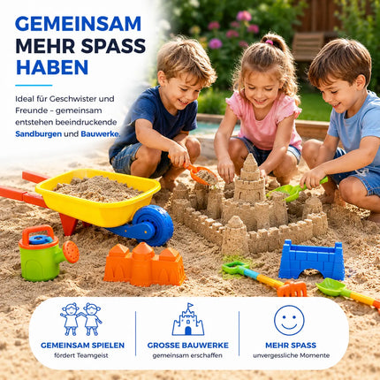 Sandspielzeug Set für Kinder – Sandkastenspielzeug mit Sandförmchen, Schaufel, Rechen & Sieben für Jungen & Mädchen (9 teilig mit Schubkarre)