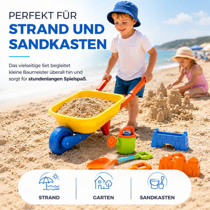 Sandspielzeug Set für Kinder – Sandkastenspielzeug mit Sandförmchen, Schaufel, Rechen & Sieben für Jungen & Mädchen (9 teilig mit Schubkarre)