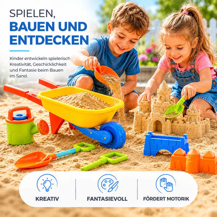 Sandspielzeug Set für Kinder – Sandkastenspielzeug mit Sandförmchen, Schaufel, Rechen & Sieben für Jungen & Mädchen (9 teilig mit Schubkarre)