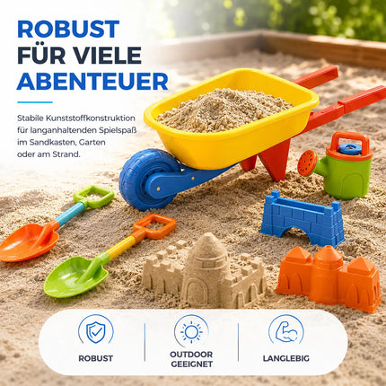 Sandspielzeug Set für Kinder – Sandkastenspielzeug mit Sandförmchen, Schaufel, Rechen & Sieben für Jungen & Mädchen (9 teilig mit Schubkarre)