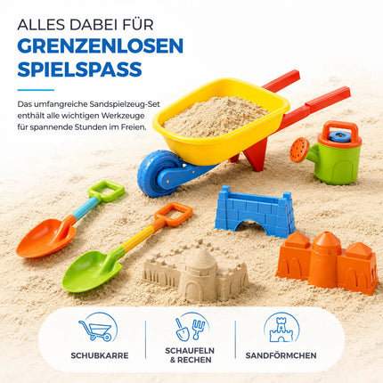 Sandspielzeug Set für Kinder – Sandkastenspielzeug mit Sandförmchen, Schaufel, Rechen & Sieben für Jungen & Mädchen (9 teilig mit Schubkarre)