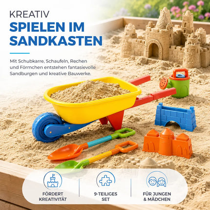 Sandspielzeug Set für Kinder – Sandkastenspielzeug mit Sandförmchen, Schaufel, Rechen & Sieben für Jungen & Mädchen (9 teilig mit Schubkarre)