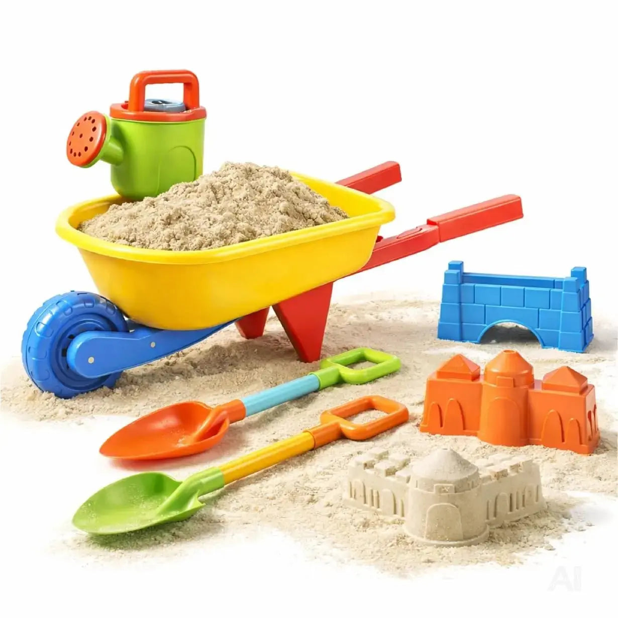 Sandspielzeug Set für Kinder – Sandkastenspielzeug mit Sandförmchen, Schaufel, Rechen & Sieben für Jungen & Mädchen (9 teilig mit Schubkarre)