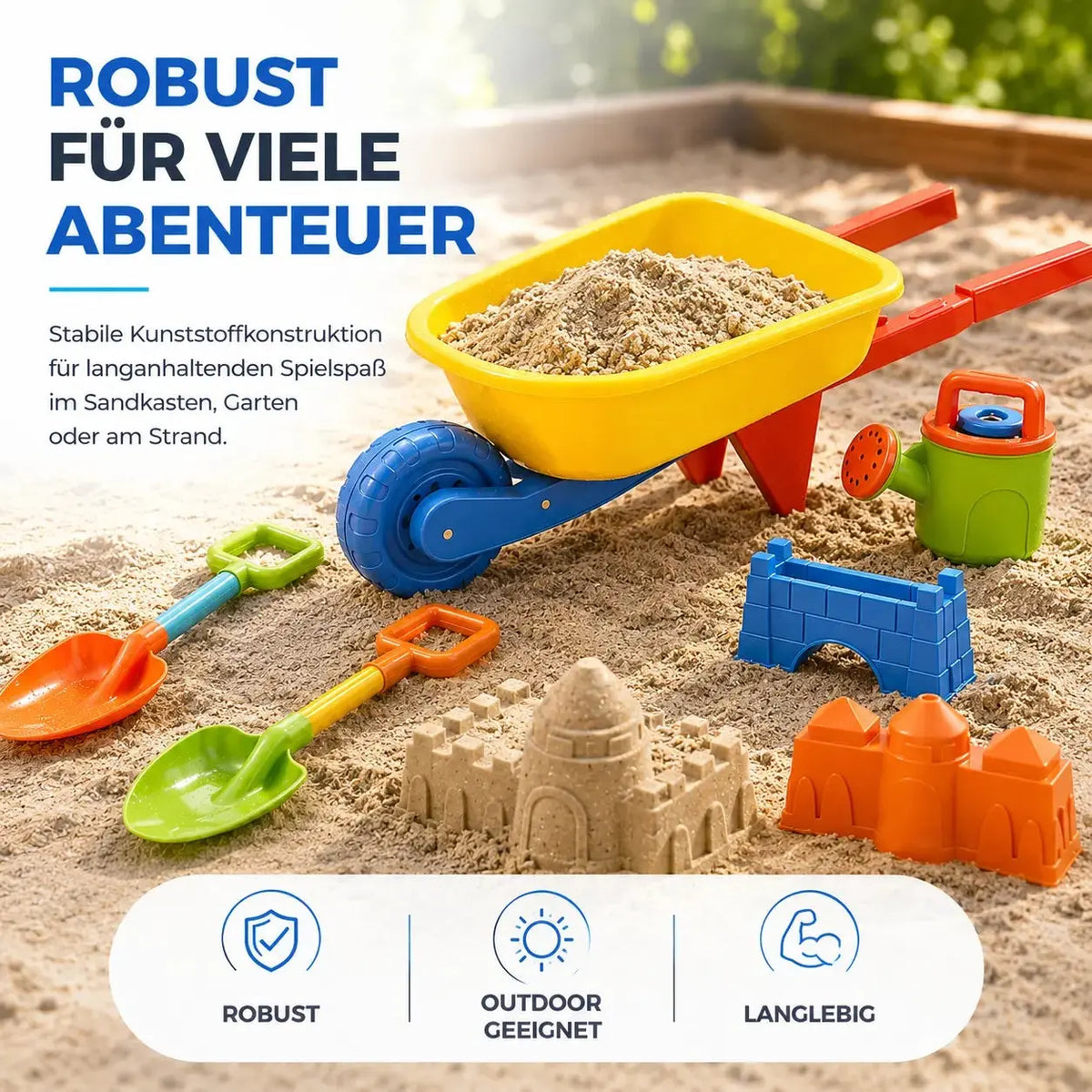 Sandspielzeug Set für Kinder – Sandkastenspielzeug mit Sandförmchen, Schaufel, Rechen & Sieben – Detailansicht 6
