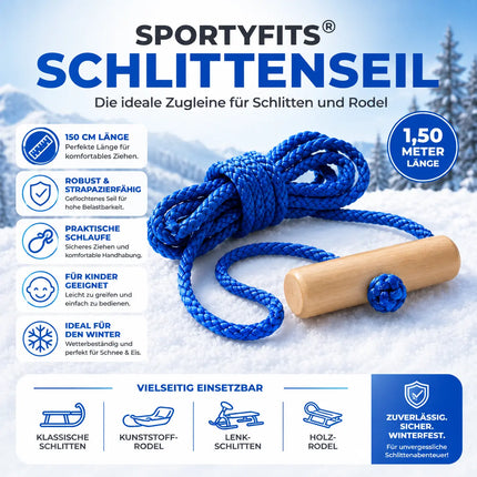 Schlittenseil blau Seil Zugseil 1,50 mtr - 150 cm Schlaufe Griff Kordel Leine Zugleine für Schlitten & Bonb & Rodeln