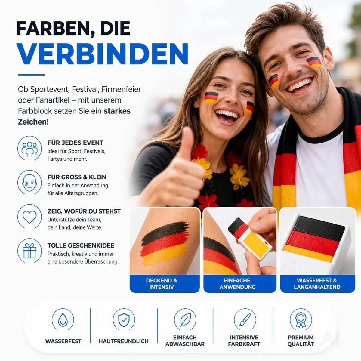 Schminkstift Deutschland Fan schwarz, rot, gelb (Gold), als Deko, Dekoration, Partydeko – Detailansicht 2