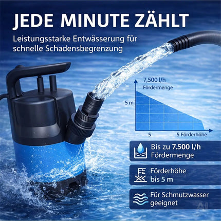 Schmutzwasser Tauchpumpe 400 W 7500 l/h – flachsaugend für Überschwemmung & Hochwasser, 5 m Förderhöhe, 4 m Eintauchtiefe, 10 m Kabel, Schwimmerschalter, Thermoschutz