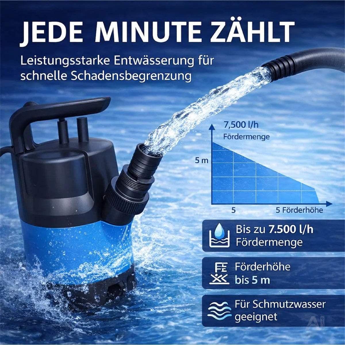 Schmutzwasser Tauchpumpe 400 W 7500 l/h – flachsaugend für Überschwemmung & Hochwasser, 5 m Förderhöhe, 4 m Eintauchtiefe, 10 m Kabel, Schwimmerschalter, Thermoschutz
