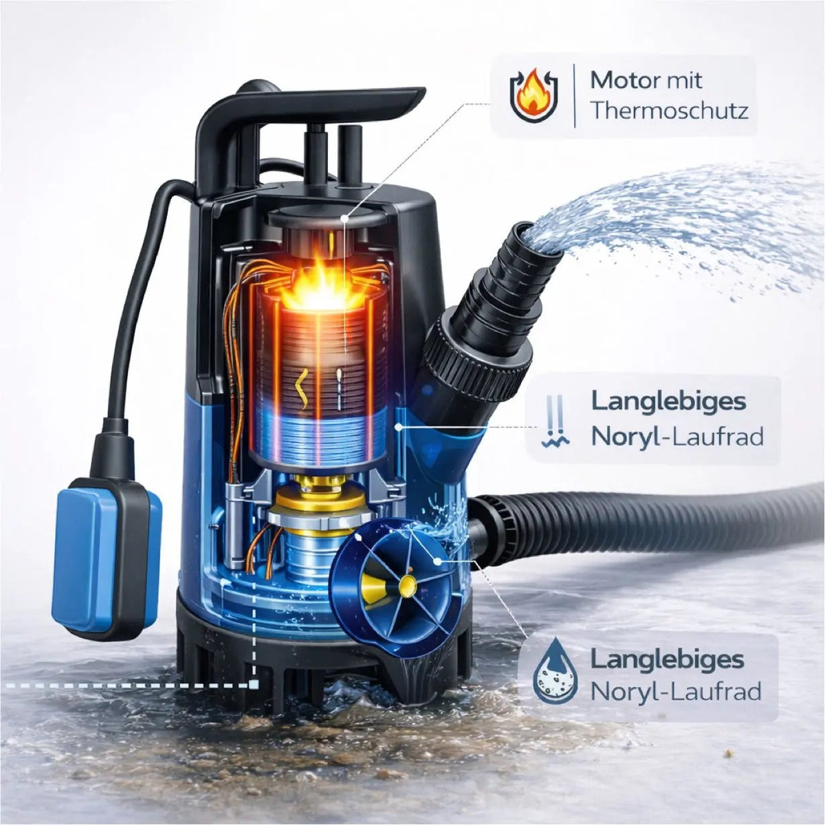 Schmutzwasser Tauchpumpe 400 W 7500 l/h – flachsaugend für Überschwemmung & Hochwasser, 5 m Förderhöhe, 4 m Eintauchtiefe, 10 m Kabel, Schwimmerschalter, Thermoschutz