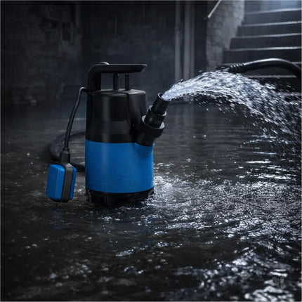 Schmutzwasser Tauchpumpe 400 W 7500 l/h – flachsaugend für Überschwemmung & Hochwasser, 5 m Förderhöhe, 4 m Eintauchtiefe, 10 m Kabel, Schwimmerschalter, Thermoschutz