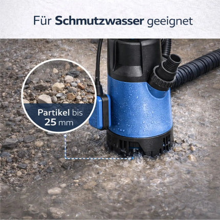 Schmutzwasser Tauchpumpe 400 W 7500 l/h – flachsaugend für Überschwemmung & Hochwasser, 5 m Förderhöhe, 4 m Eintauchtiefe, 10 m Kabel, Schwimmerschalter, Thermoschutz