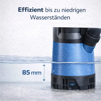 Schmutzwasser Tauchpumpe 400 W 7500 l/h – flachsaugend für Überschwemmung & Hochwasser, 5 m Förderhöhe, 4 m Eintauchtiefe, 10 m Kabel, Schwimmerschalter, Thermoschutz