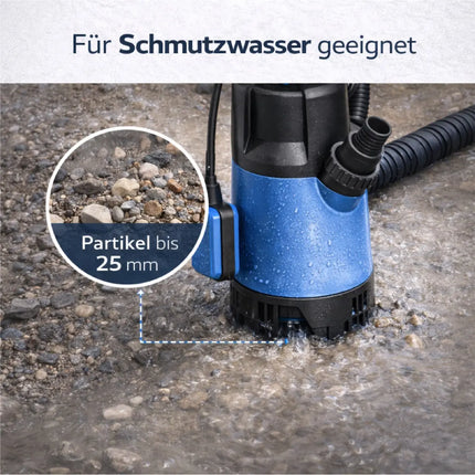 Schmutzwasser Tauchpumpe 400 W 7500 l/h – flachsaugend für Überschwemmung & Hochwasser, 5 m Förderhöhe, 4 m Eintauchtiefe, 10 m Kabel, Schwimmerschalter, Thermoschutz