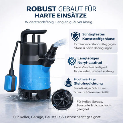 Schmutzwasserpumpe 400 Watt 7500 l/h – Tauchpumpe flachsaugend für Überschwemmung & Hochwasser, 5 m Förderhöhe, 4 m Tauchtiefe, 10 m Kabel, Thermoschutz, Noryllaufrad