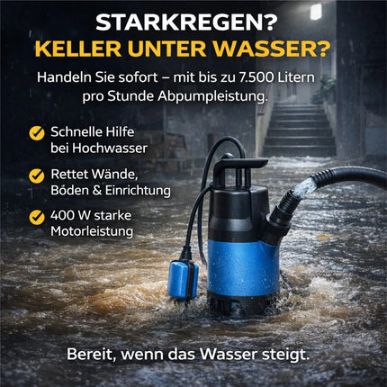 Schmutzwasserpumpe 400 Watt 7500 l/h – Tauchpumpe flachsaugend für Überschwemmung & Hochwasser, 5 m Förderhöhe, 4 m Tauchtiefe, 10 m Kabel, Thermoschutz, Noryllaufrad