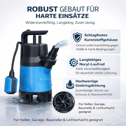 Schmutzwasserpumpe 400 Watt 7500 l/h – Tauchpumpe flachsaugend für Überschwemmung & Hochwasser, 5 m Förderhöhe, 4 m Tauchtiefe, 10 m Kabel, Thermoschutz, Noryllaufrad