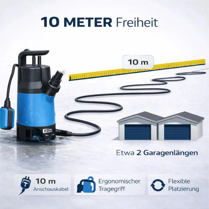 Schmutzwasserpumpe 400 Watt 7500 l/h – Tauchpumpe flachsaugend für Überschwemmung & Hochwasser, 5 m Förderhöhe, 4 m Tauchtiefe, 10 m Kabel, Thermoschutz, Noryllaufrad