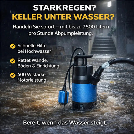 Schmutzwasserpumpe 400 Watt 7500 l/h – Tauchpumpe flachsaugend für Überschwemmung & Hochwasser, 5 m Förderhöhe, 4 m Tauchtiefe, 10 m Kabel, Thermoschutz, Noryllaufrad