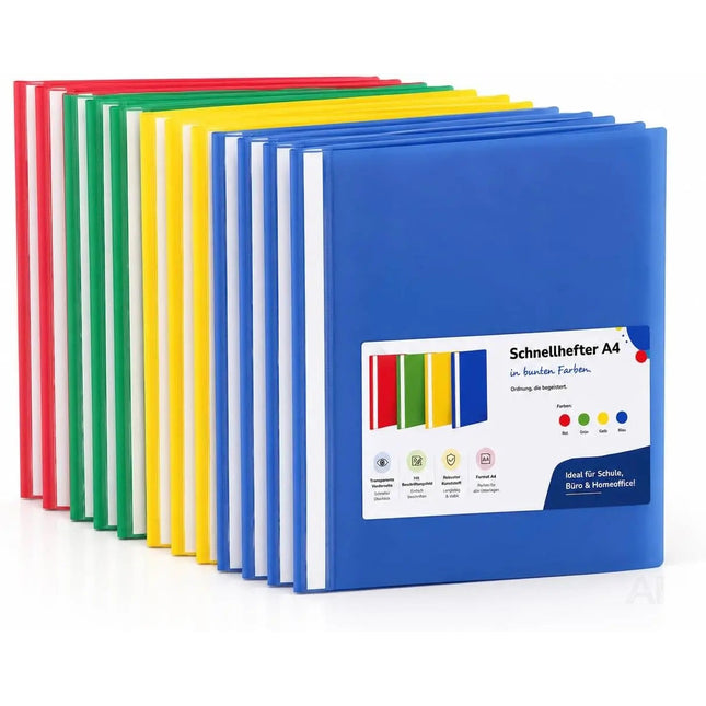 Schnellhefter A4 bunt – Heftmappen aus Kunststoff mit transparenter Vorderseite & Beschriftungsfeld – Rot, Grün, Gelb & Blau (1x Set (14 Stück))
