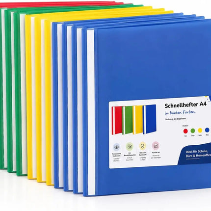 Schnellhefter A4 bunt – Heftmappen aus Kunststoff mit transparenter Vorderseite & Beschriftungsfeld – Rot, Grün, Gelb & Blau (1x Set (14 Stück))
