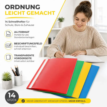 Schnellhefter A4 bunt – Heftmappen aus Kunststoff mit transparenter Vorderseite & Beschriftungsfeld – Rot, Grün, Gelb & Blau (1x Set (14 Stück))