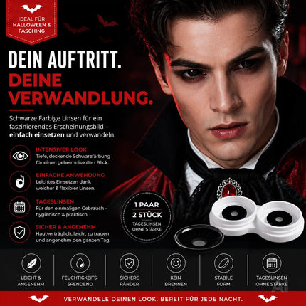 Schwarz Farbige & Geprüfte Kontaktlinsen - Grußlige Tageslinsen für Halloween & Fasching - ohne Stärke - Vampir & Dracula (Schwarz, 1 Paar / 2 Stück)
