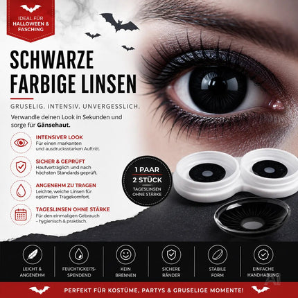 Schwarz Farbige & Geprüfte Kontaktlinsen - Grußlige Tageslinsen für Halloween & Fasching - ohne Stärke - Vampir & Dracula (Schwarz, 1 Paar / 2 Stück)