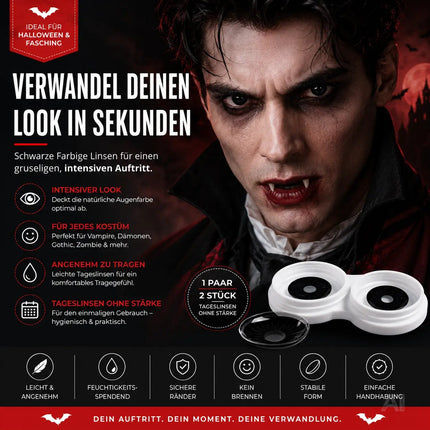 Schwarz Farbige & Geprüfte Kontaktlinsen - Grußlige Tageslinsen für Halloween & Fasching - ohne Stärke - Vampir & Dracula (Schwarz, 1 Paar / 2 Stück)