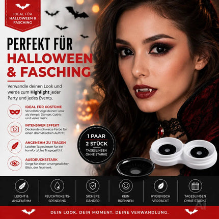 Schwarz Farbige & Geprüfte Kontaktlinsen - Grußlige Tageslinsen für Halloween & Fasching - ohne Stärke - Vampir & Dracula (Schwarz, 1 Paar / 2 Stück)