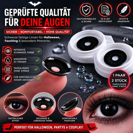Schwarz Farbige & Geprüfte Kontaktlinsen - Grußlige Tageslinsen für Halloween & Fasching - ohne Stärke - Vampir & Dracula (Schwarz, 1 Paar / 2 Stück)