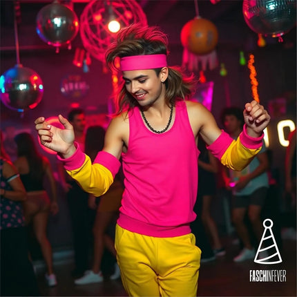 Schweißband Set - 3 in1- pink Set mit Stirnband - als Accessoire Vokuhila Kostüm zu Retro neon 80er 90er Outfit Fasching & Karneval