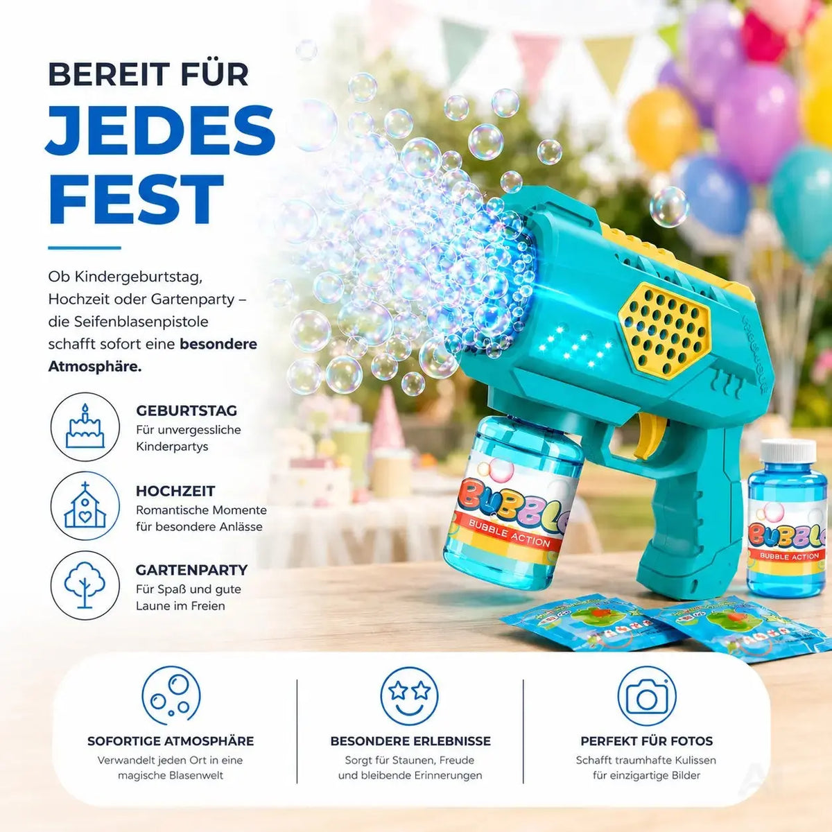 Seifenblasenpistole für Kinder & Erwachsene – automatische Seifenblasen Maschine mit Tank – Detailansicht 6