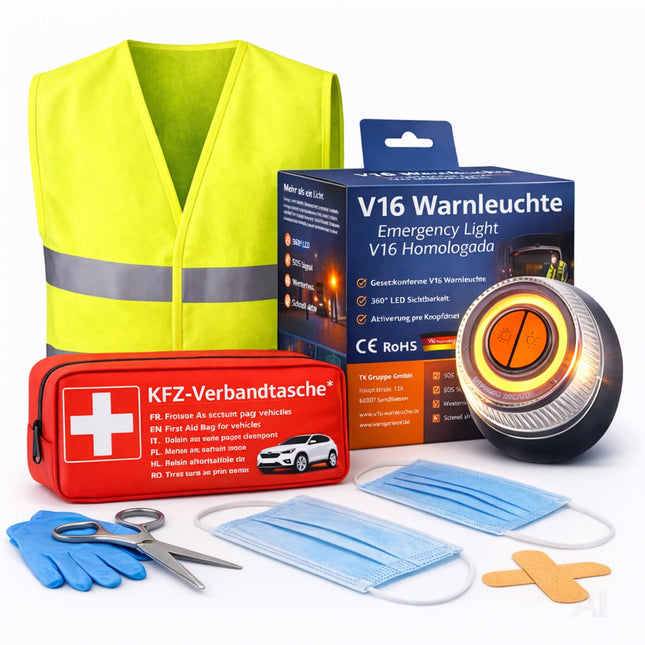 Set 3 in 1 - Warnleuchte V16 - Warnweste & Verbandskasten - Notlicht IDIADA Zulassung Nr