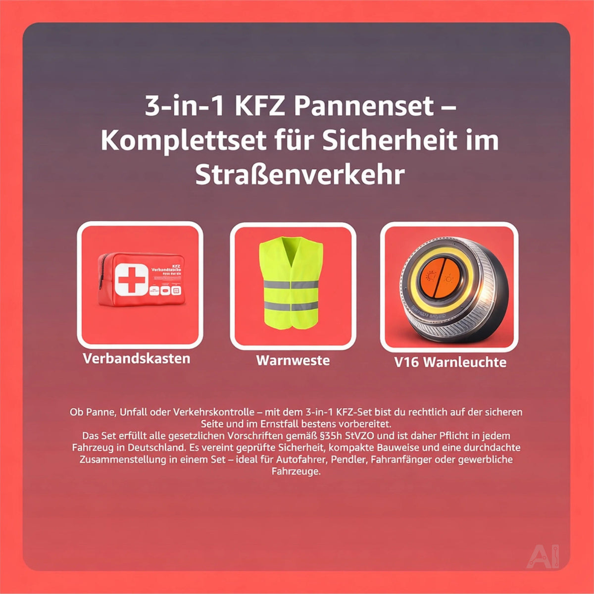 Set 3 in 1 - Warnleuchte V16 - Warnweste & Verbandskasten - Notlicht IDIADA Zulassung Nr – Detailansicht 2