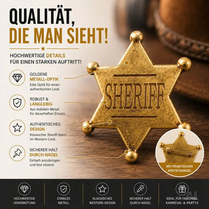 Sheriff Western Abzeichen gold – Cowboy Kostüm für Fasching & Karneval