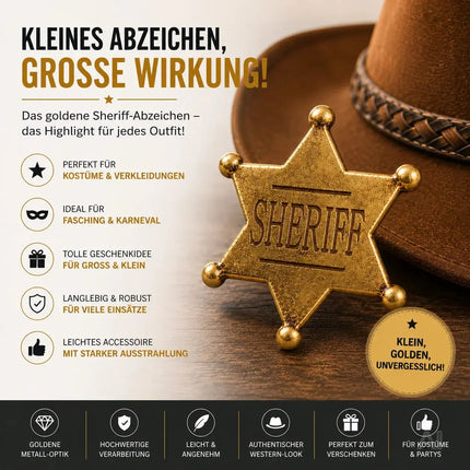 Sheriff Western Abzeichen gold – Cowboy Kostüm für Fasching & Karneval