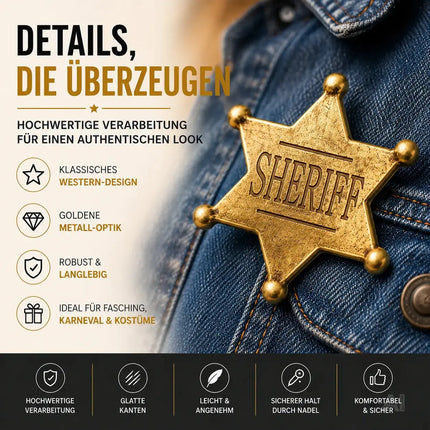 Sheriff Western Abzeichen gold – Cowboy Kostüm für Fasching & Karneval