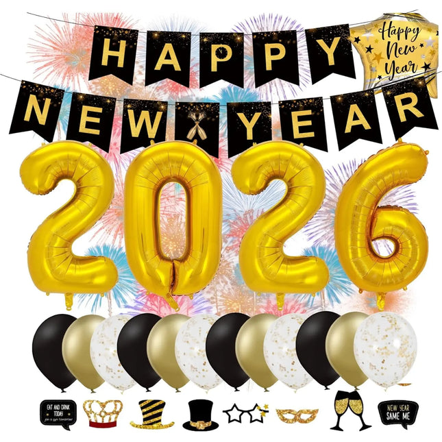 Silvester Deko Set 2026 – Neujahrsdeko für Party & Feier | Happy New Year Dekoration mit Ballons, Girlande & Party-Accessoires (Deko Set 01)