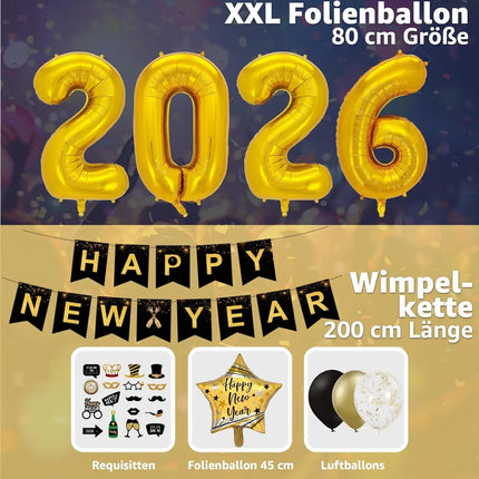 Silvester Deko Set 2026 – Neujahrsdeko für Party & Feier | Happy New Year Dekoration mit Ballons, Girlande & Party-Accessoires (Deko Set 01)