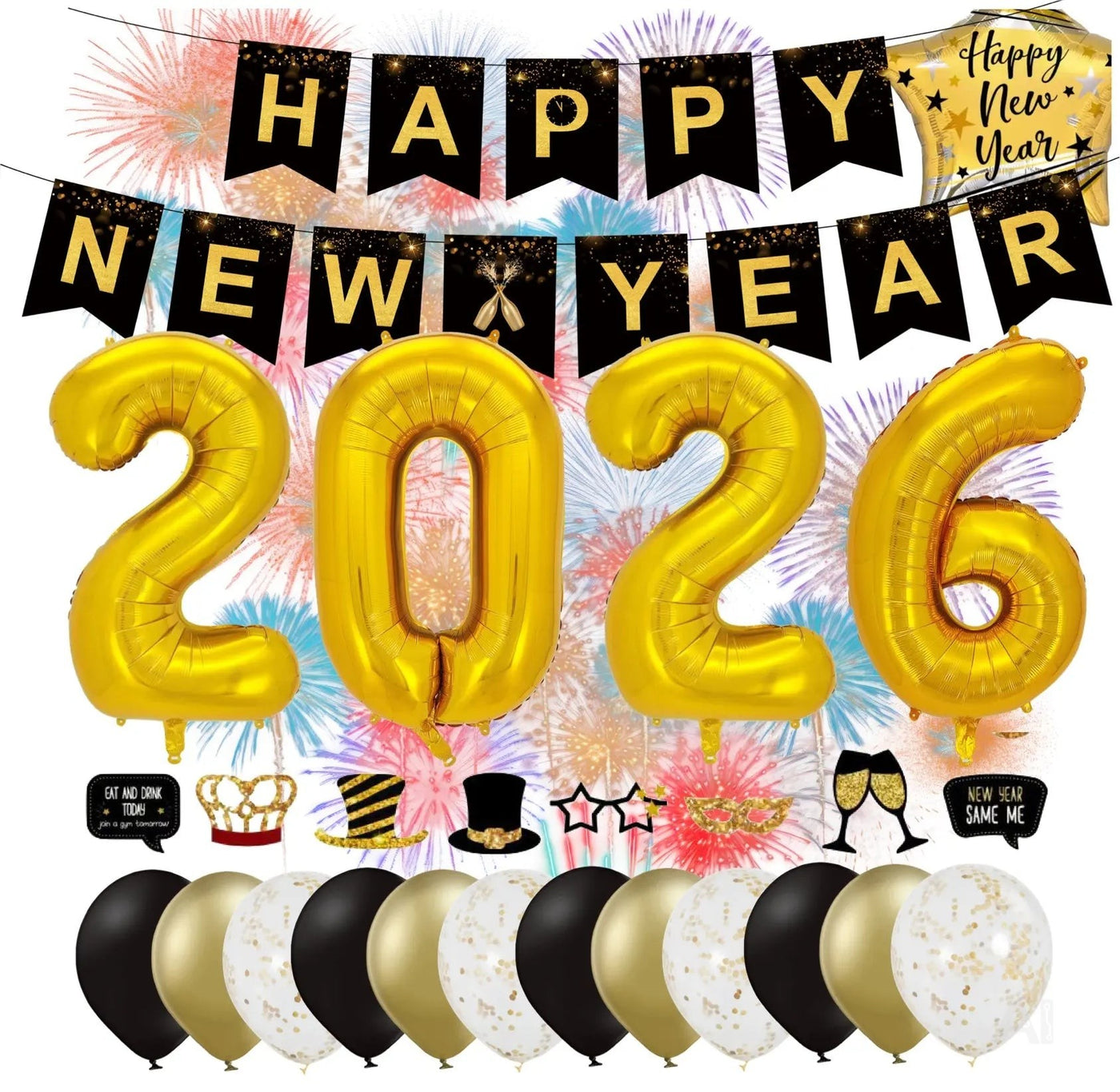 Silvester Deko Set 2026 – Neujahrsdeko für Party & Feier | Happy New Year Dekoration mit Ballons, Girlande & Party-Accessoires (Deko Set 01)