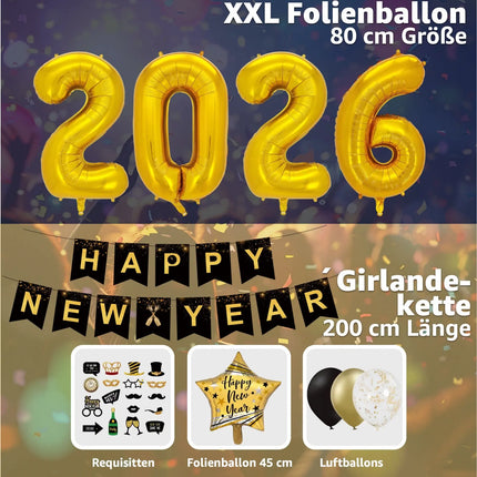 Silvester Deko Set 2026 – Neujahrsdeko für Party & Feier | Happy New Year Dekoration mit Ballons, Girlande & Party-Accessoires (Deko Set 01)