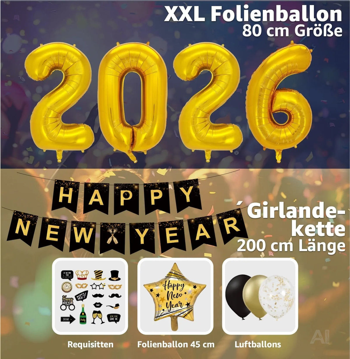 Silvester Deko Set 2026 – Neujahrsdeko für Party & Feier | Happy New Year Dekoration – Detailansicht 3