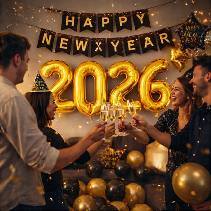 Silvester Deko Set 2026 – Neujahrsdeko für Party & Feier | Happy New Year Dekoration mit Ballons, Girlande & Party-Accessoires (Deko Set 01)