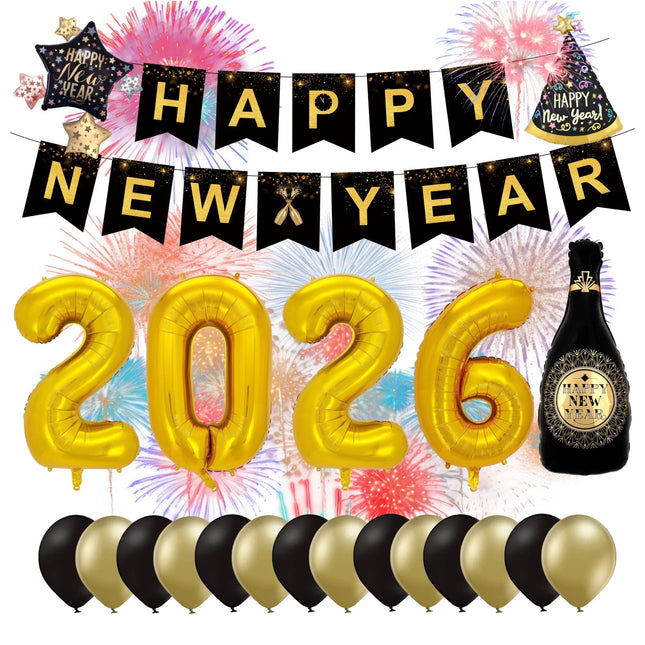 Silvester Deko Set 2026 – Neujahrsdeko für Party & Feier | Happy New Year Dekoration mit Ballons, Girlande & Party-Accessoires (Deko Set 02)