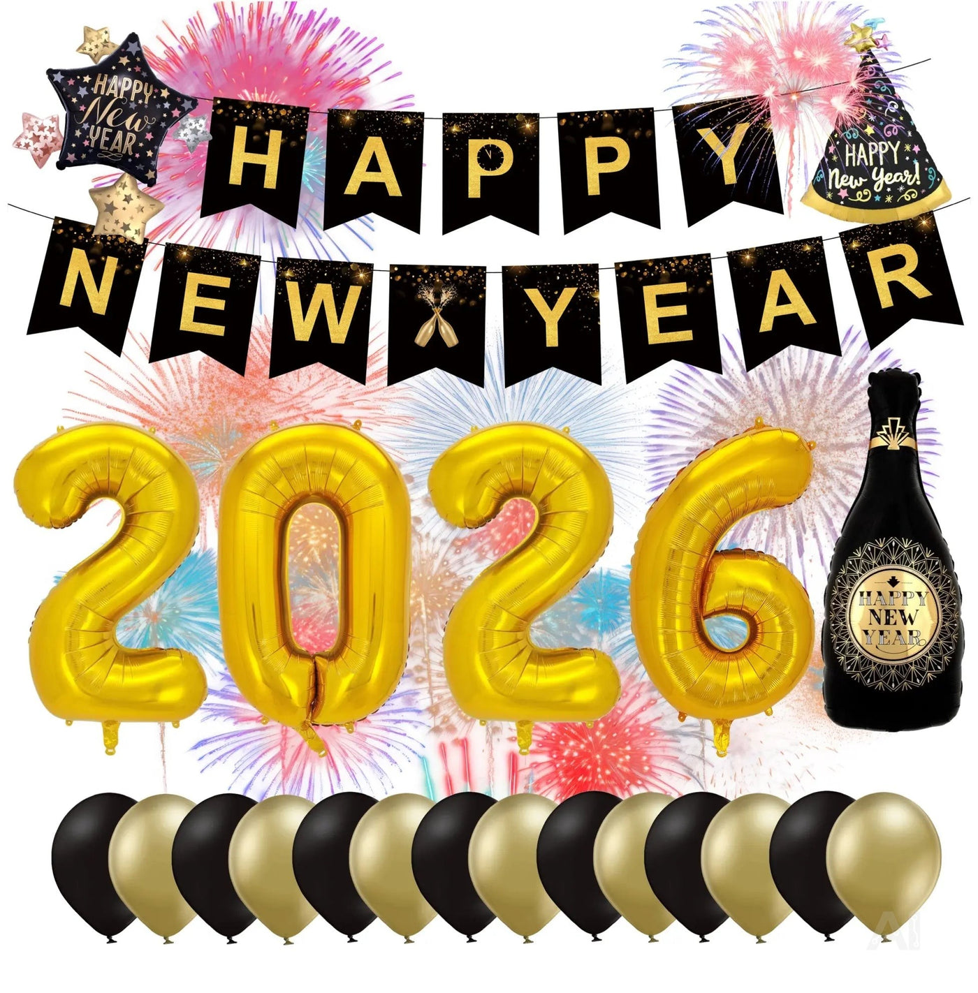 Silvester Deko Set 2026 – Neujahrsdeko für Party & Feier | Happy New Year Dekoration mit Ballons, Girlande & Party-Accessoires (Deko Set 02)
