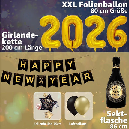 Silvester Deko Set 2026 – Neujahrsdeko für Party & Feier | Happy New Year Dekoration mit Ballons, Girlande & Party-Accessoires (Deko Set 02)