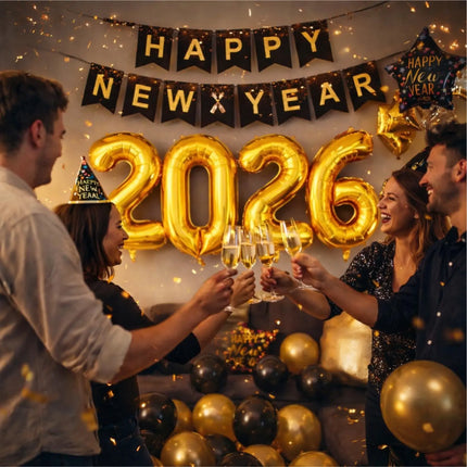 Silvester Deko Set 2026 – Neujahrsdeko für Party & Feier | Happy New Year Dekoration mit Ballons, Girlande & Party-Accessoires (Deko Set 02)