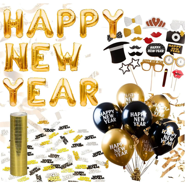 Silvester Deko XXL Set - 2025 - mit über 50 Teilen wie XXL Happy new year Ballon, Luftschlangen, Konfetti uvm - Happy New Year - Dekoration zu Neujahr Neujahrsdeko