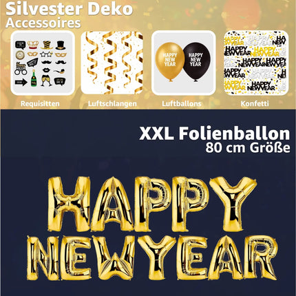 Silvester Deko XXL Set - 2026 - mit über 50 Teilen wie XXL Happy new year Ballon, Luftschlangen, Konfetti uvm