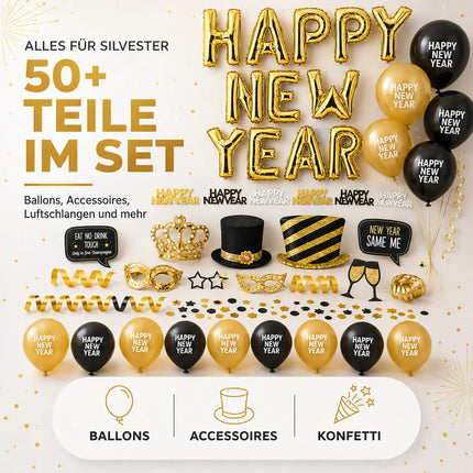 Silvester Deko XXL Set - 2026 - mit über 50 Teilen wie XXL Happy new year Ballon, Luftschlangen, Konfetti uvm